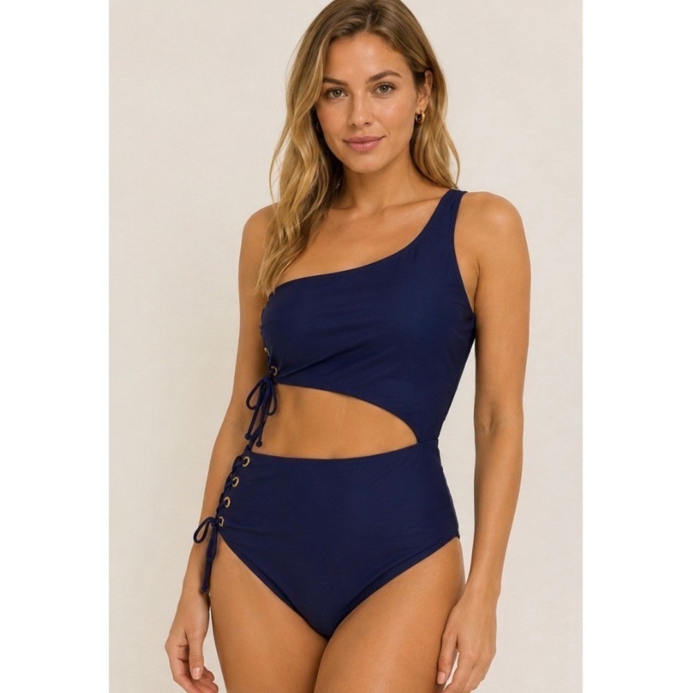 Juicy Couture Navy One Shoulder Cut Out Lace Up One Piece Swimsuit XL Glam Y2K